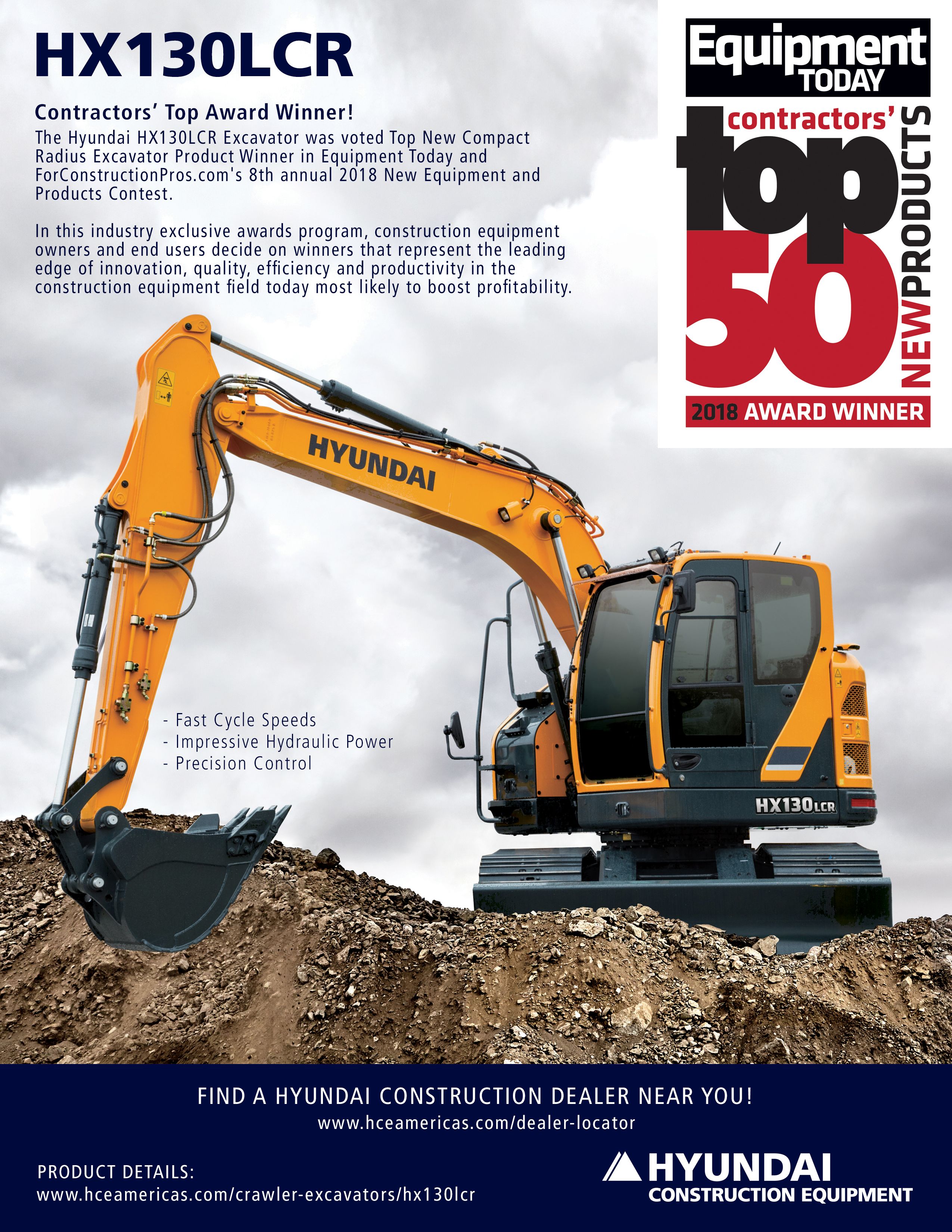 HX130LCR Wins “Top New Compact Radius Excavator Award” In Equipment Today & For Construction Pros.com’s 2018 Annual Contest